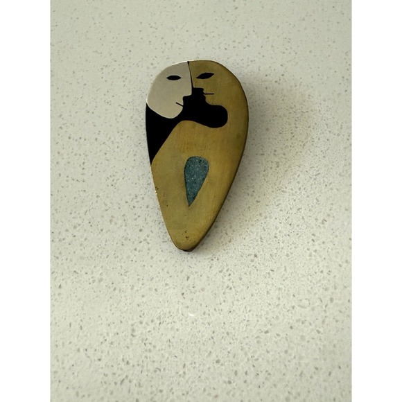 Vintage MCM Mexican‎ Modernist Faces Mixed Metal Inlay Brooch Stella Popowski